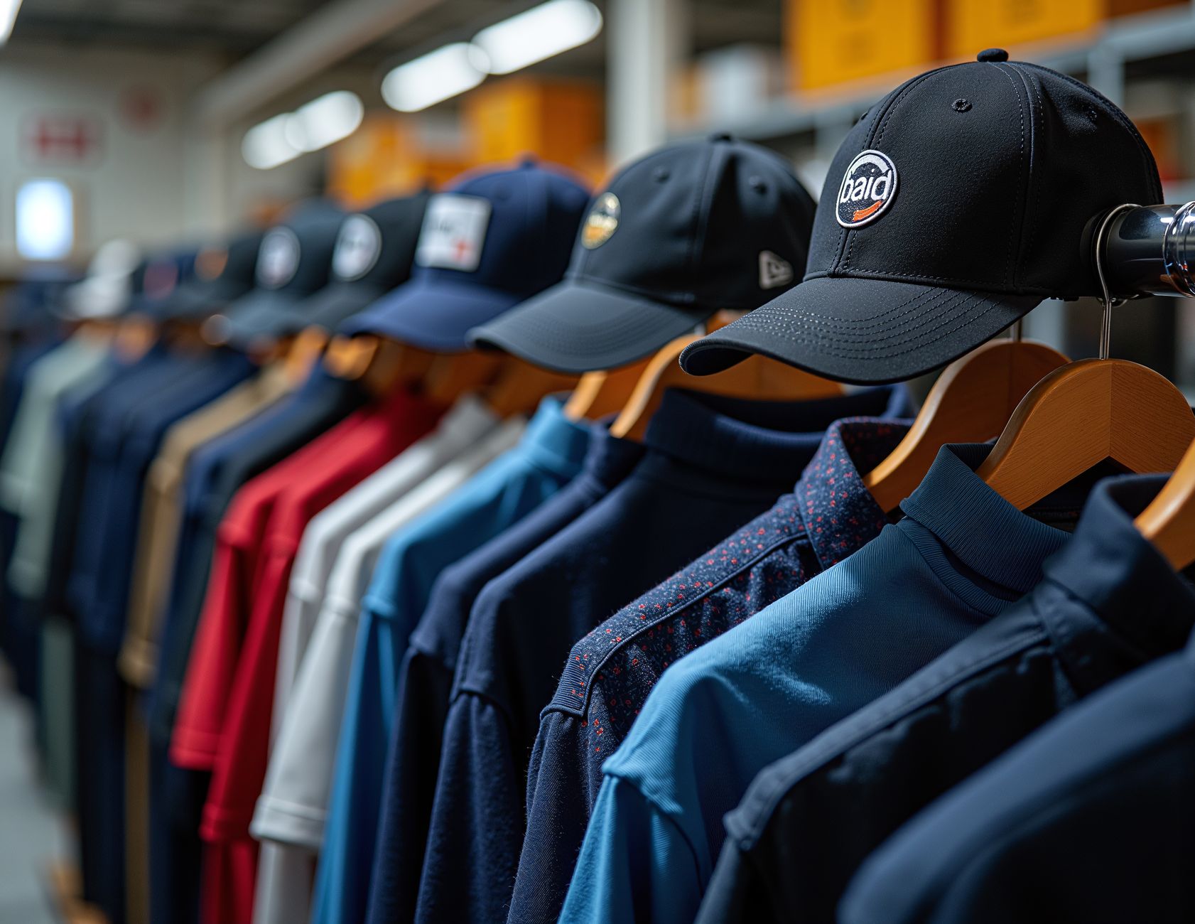 colorful row of caps and shirts on hangers